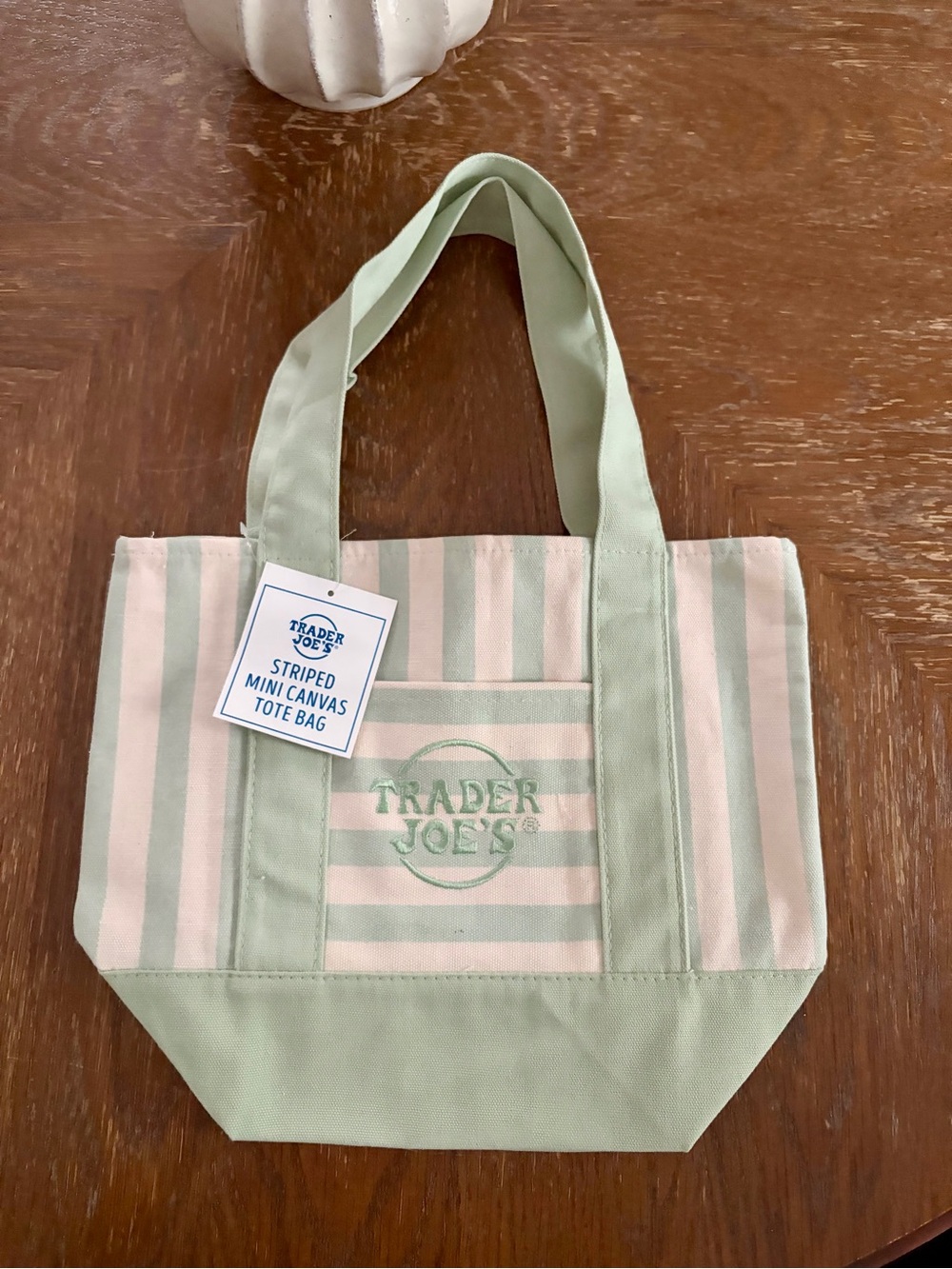Trader Joe's Striped Mini Canvas Tote in Light Green & Cream- NWT